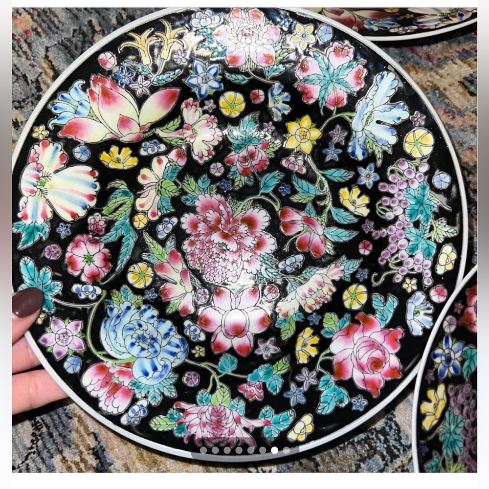 Chinese Mille Fleur Famille Noir Black Floral Plate, Vintage Decorative Plate